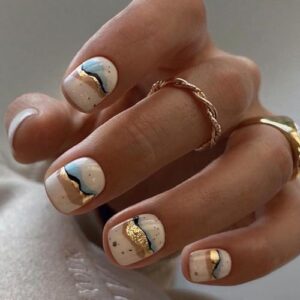 24 Piece Short Square White Press On Nails with Gold Foil Glitter Design