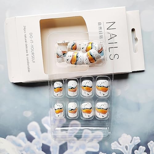 24 Piece Short Square White Press On Nails with Gold Foil Glitter Design - Image 4
