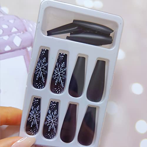 24 Pcs Snowflake Press on Nails Long, Black White Fake Nails for Women, Christmas Glue on Nails with Designs (White Snowflakes) - Image 6