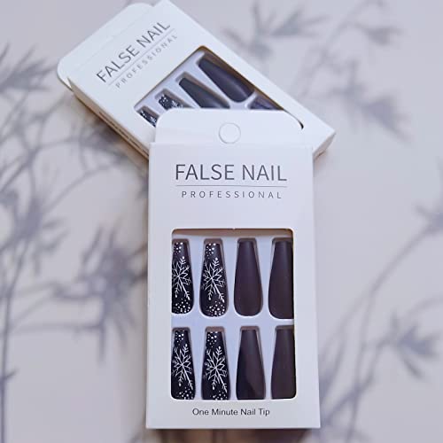 24 Pcs Snowflake Press on Nails Long, Black White Fake Nails for Women, Christmas Glue on Nails with Designs (White Snowflakes) - Image 7