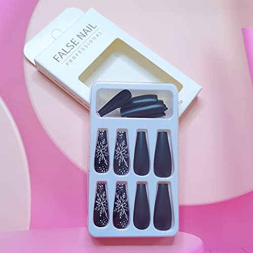 24 Pcs Snowflake Press on Nails Long, Black White Fake Nails for Women, Christmas Glue on Nails with Designs (White Snowflakes) - Image 5