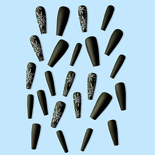 24 Pcs Snowflake Press on Nails Long, Black White Fake Nails for Women, Christmas Glue on Nails with Designs (White Snowflakes) - Image 3