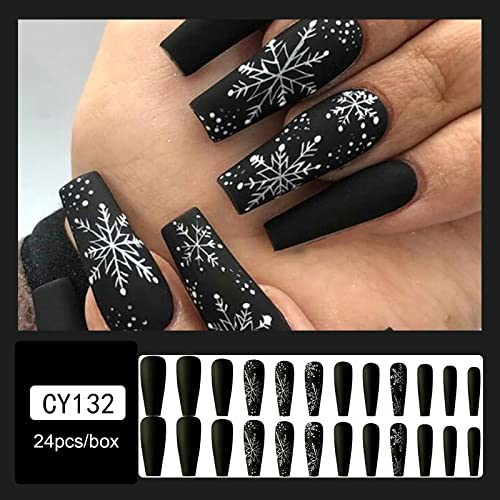 24 Pcs Snowflake Press on Nails Long, Black White Fake Nails for Women, Christmas Glue on Nails with Designs (White Snowflakes) - Image 2
