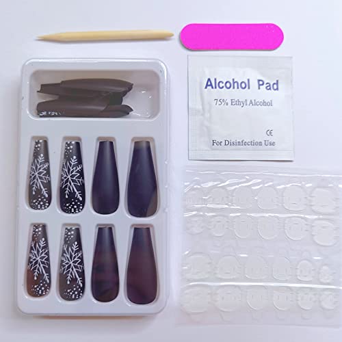 24 Pcs Snowflake Press on Nails Long, Black White Fake Nails for Women, Christmas Glue on Nails with Designs (White Snowflakes) - Image 4