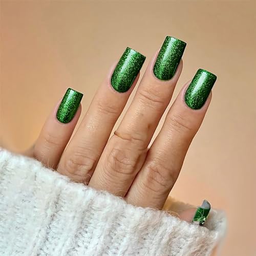 24 Pcs Square Press on Nails, GRITOSE Spring Nude Nails, Green Glitter False Nails, Medium Fake Nails with Glue, Glossy Glue on Nails Full Cover Reusable Stick on Nails for Women Girls Nail Art