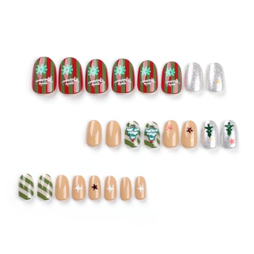 24 Pcs Winter Glitter Press on Nails Short Almond Fake Nails Full Cover Acrylic False Nails with Glue Almond Nail Tips Short Oval Nails Press on Xmas Glue on Nails for Women DIY New Year Nail Art - Image 4