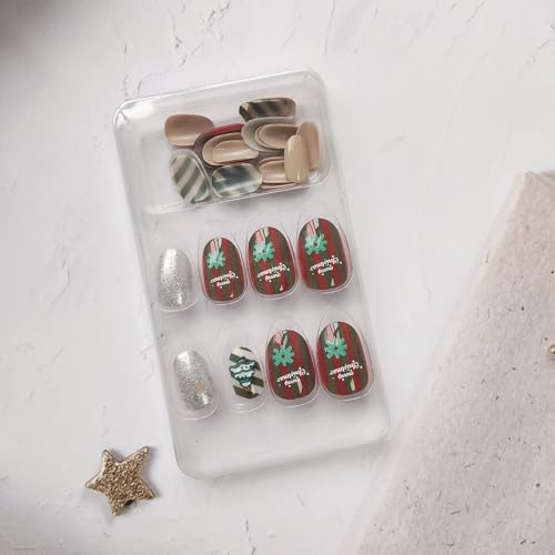 24 Pcs Winter Glitter Press on Nails Short Almond Fake Nails Full Cover Acrylic False Nails with Glue Almond Nail Tips Short Oval Nails Press on Xmas Glue on Nails for Women DIY New Year Nail Art - Image 5