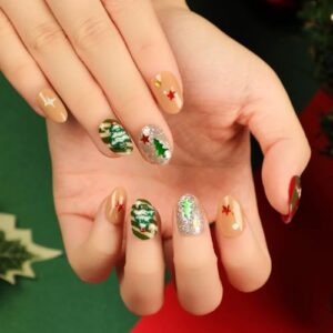 24 Pcs Winter Glitter Press on Nails Short Almond Fake Nails Full Cover Acrylic False Nails with Glue Almond Nail Tips Short Oval Nails Press on Xmas Glue on Nails for Women DIY New Year Nail Art