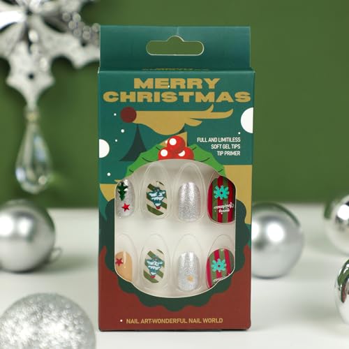 24 Pcs Winter Glitter Press on Nails Short Almond Fake Nails Full Cover Acrylic False Nails with Glue Almond Nail Tips Short Oval Nails Press on Xmas Glue on Nails for Women DIY New Year Nail Art - Image 3