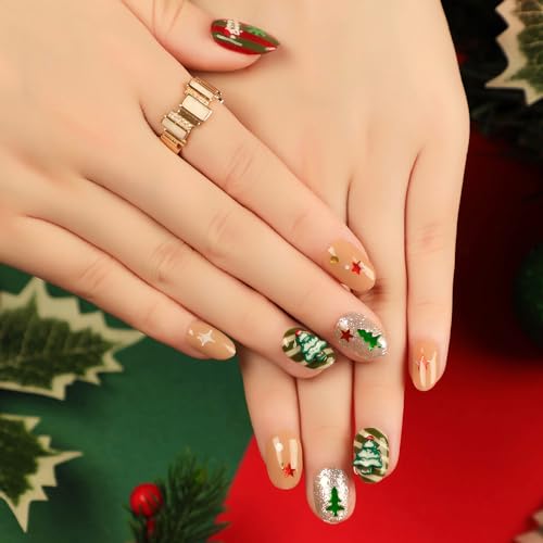 24 Pcs Winter Glitter Press on Nails Short Almond Fake Nails Full Cover Acrylic False Nails with Glue Almond Nail Tips Short Oval Nails Press on Xmas Glue on Nails for Women DIY New Year Nail Art - Image 2