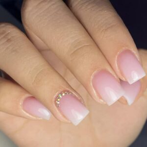 24 Pcs/Set Ombre Pink Press on Nails Short Square - SHANRUN Spring Rhinestones Fake Nails French Glossy Gel X Nail Tips Full Cover Acrylic Nails Press ons with Nail File Stick Jelly Glue on Nails Kit