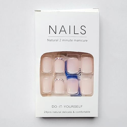 24 Pcs/Set Ombre Pink Press on Nails Short Square - SHANRUN Spring Rhinestones Fake Nails French Glossy Gel X Nail Tips Full Cover Acrylic Nails Press ons with Nail File Stick Jelly Glue on Nails Kit - Image 5