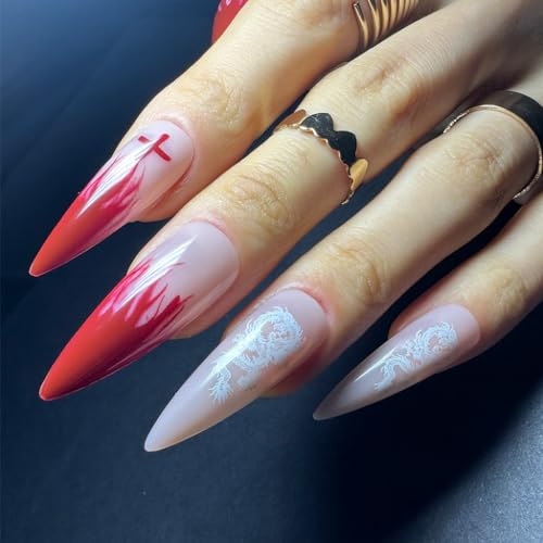 24 Piece Extra Long Red Stiletto Glossy Press On Nails for Salon Quality Nail Art