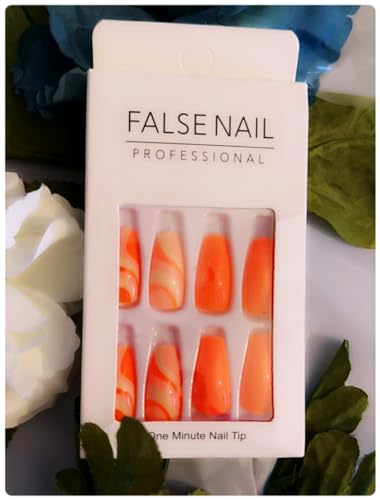 24 Piece Medium Coffin Acrylic Press On Nails Orange Marble Print for Women - Image 2