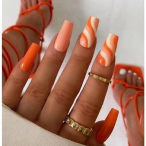 24 Piece Medium Coffin Acrylic Press On Nails Orange Marble Print for Women