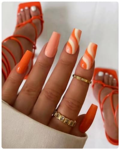 24 Piece Medium Coffin Acrylic Press On Nails Orange Marble Print for Women