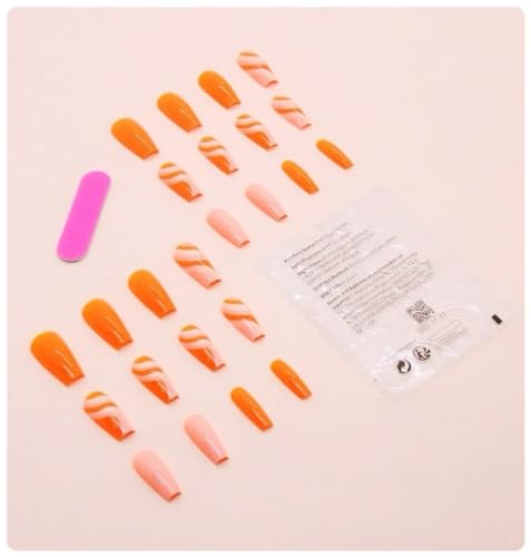 24 Piece Medium Coffin Acrylic Press On Nails Orange Marble Print for Women - Image 3