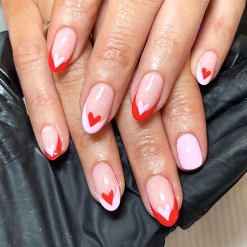 24 Pieces Short Almond Press on Nails, Fake Nails with Designs Red Pink Heart Love French Tip Nails Romantic Valentines Nails Short Oval Acrylic Valentine's Day Press on Nails for Women Girls