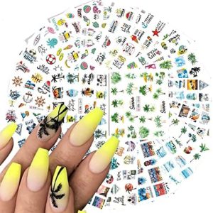 24 Sheets Seaside Beach Nail Art Stickers, Holographic Summer Nail Water Transfer Decals Design, Coconut Tree Fruits Cold Drink Nail Sticker Supplies for Women Manicure Decorations, Resin Nail Decal