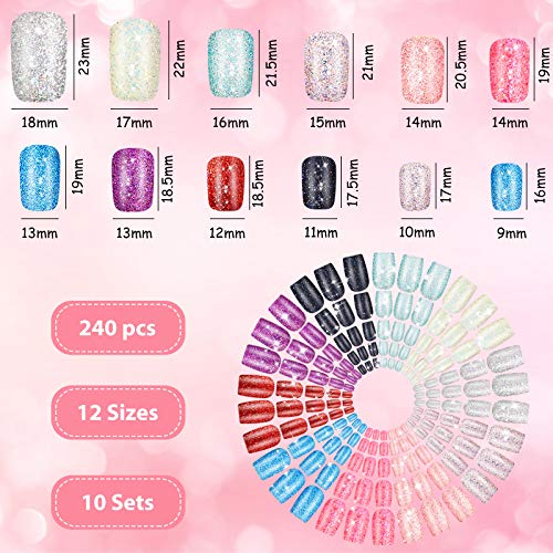 240 Pieces Square Press on Nails Medium False Nail Full Cover Artificial Fake Nail Colorful Acrylic Nail Tip Kit for Art Salon DIY (Glitter Pattern) - Image 2