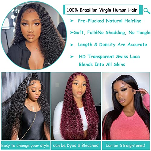 24Inch Deep Wave Lace Front Wigs Human Hair-13x4 HD Transparent Deep Wave Frontal Wigs Human Hair Glueless Curly Wigs for Women 180% Density Curly Lace Front Wigs Human Hair Pre Plucked with Baby Hair - Image 3