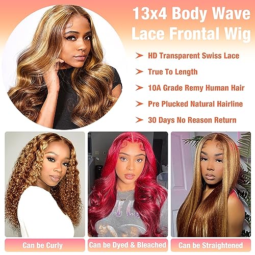 24Inch Highlight Ombre Lace Front Wig Human Hair 13x4 Highlight Body Wave Wig Human Hair Pre Plucked with Baby Hair Brazilian Human Hair for Women 5/27 Honey Blonde Lace Front Wigs 150% Density - Image 4