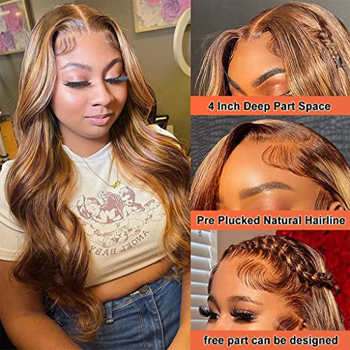 24Inch Highlight Ombre Lace Front Wig Human Hair 13x4 Highlight Body Wave Wig Human Hair Pre Plucked with Baby Hair Brazilian Human Hair for Women 5/27 Honey Blonde Lace Front Wigs 150% Density - Image 2