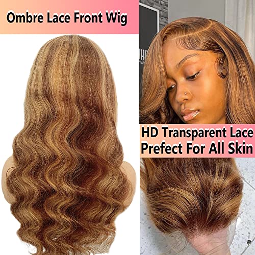 24Inch Highlight Ombre Lace Front Wig Human Hair 13x4 Highlight Body Wave Wig Human Hair Pre Plucked with Baby Hair Brazilian Human Hair for Women 5/27 Honey Blonde Lace Front Wigs 150% Density - Image 3