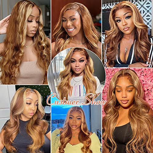 24Inch Highlight Ombre Lace Front Wig Human Hair 13x4 Highlight Body Wave Wig Human Hair Pre Plucked with Baby Hair Brazilian Human Hair for Women 5/27 Honey Blonde Lace Front Wigs 150% Density - Image 6