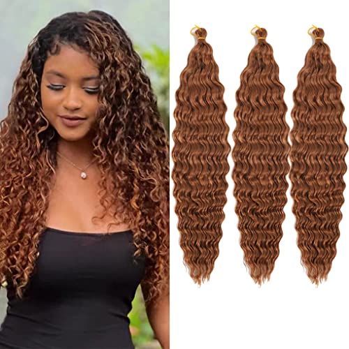 24inch Ocean Wave Braiding Hair Extensions 3packs Long Deep Curly Wave Braid Hair Synthetic Twist Ripple Crochet Deep Wave Braids Hair for Women 100g/pack(24",Brown)