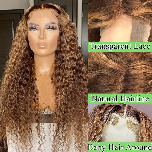 24inch Ombre Curly Lace Front Wig Human Hair 13x4 HD Honey Blonde Deep Wave Glueless Lace Front Wigs Human Hair Pre Plucked with Baby Hair 150% Density 4/27 Highlight Lace Front Wig Human Hair - Image 2