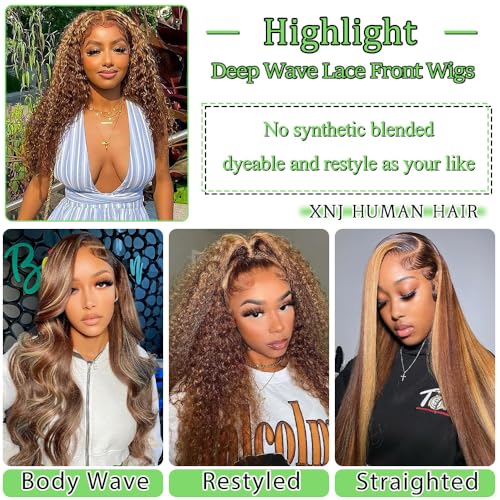 24inch Ombre Curly Lace Front Wig Human Hair 13x4 HD Honey Blonde Deep Wave Glueless Lace Front Wigs Human Hair Pre Plucked with Baby Hair 150% Density 4/27 Highlight Lace Front Wig Human Hair - Image 4