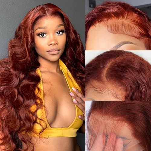 24inch Reddish Brown Lace Front Wigs Human Hair Auburn Brown 13x4 HD Transparent Body Wave Lace Front Wigs Human Hair for Black Women 180% Density Pre Plucked Glueless Lace Front Wigs