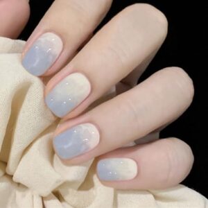 24pc Fake Nails short Press On Nails Square Shape, White Blue Gradient Glue On Artificial Nails (24pc,Milky Blue)
