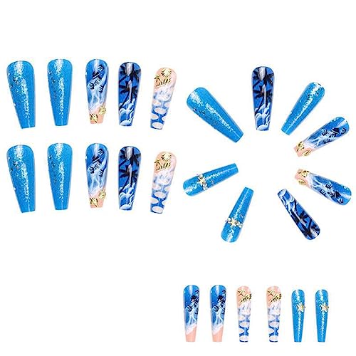 24Pcs Acrylic Press on Nails Long Fake Nails,Sun Beach Coconut Tree False Nails with Designs, Summer Nails Coffin Nails Press ons Colorful Artificial Nails For Women Girls - Image 3