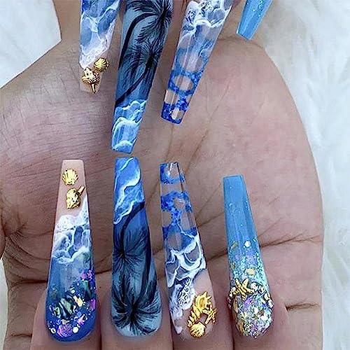 24Pcs Acrylic Press on Nails Long Fake Nails,Sun Beach Coconut Tree False Nails with Designs, Summer Nails Coffin Nails Press ons Colorful Artificial Nails For Women Girls