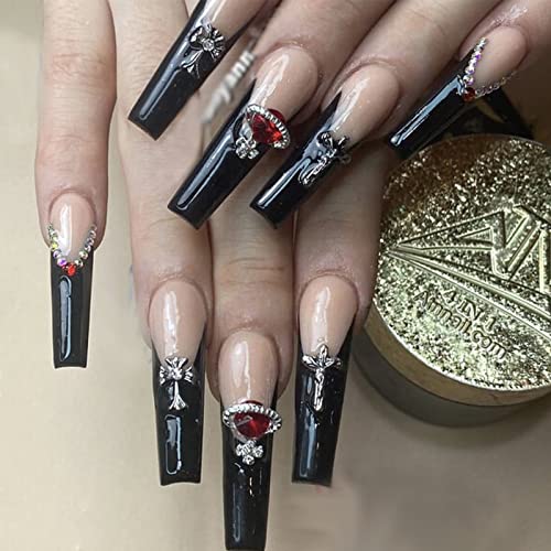24Pcs Acrylic Press on Nails Long,Black Red Gemstone Nails for Women and Girls,Fake Nails with Nail Glue and Nail File,False Nails Set - Image 2
