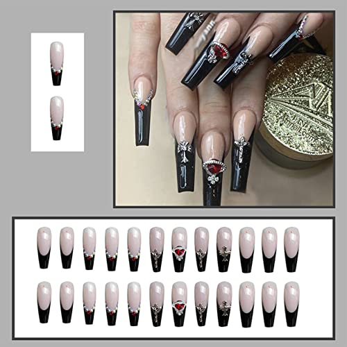 24Pcs Acrylic Press on Nails Long,Black Red Gemstone Nails for Women and Girls,Fake Nails with Nail Glue and Nail File,False Nails Set - Image 3