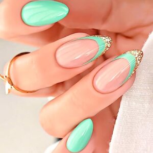 24Pcs Almond Press on Nails Medium Length Fake Nails with Glitter Designs French Tip False Nails Green and Nude Full Cover Glossy Acrylic Nails Summer Glue on Nails for Women and Hot Girl