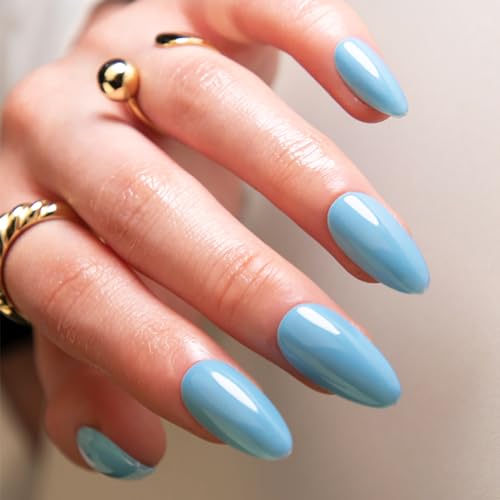24Pcs Almond Press on Nails Short Fake Nails Light Blue False Nails with Designs Full Cover Glossy Acrylic Nails Reusable Stick on Nails Jelly Press on Nails for Women and Girls DIY Manicure
