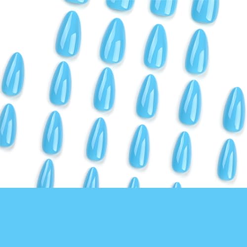 24Pcs Almond Press on Nails Short Fake Nails Light Blue False Nails with Designs Full Cover Glossy Acrylic Nails Reusable Stick on Nails Jelly Press on Nails for Women and Girls DIY Manicure - Image 5