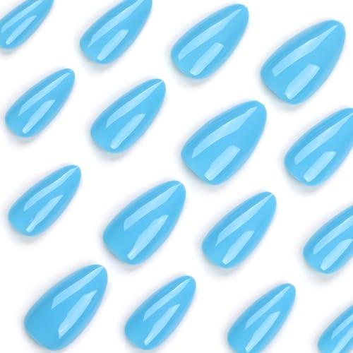 24Pcs Almond Press on Nails Short Fake Nails Light Blue False Nails with Designs Full Cover Glossy Acrylic Nails Reusable Stick on Nails Jelly Press on Nails for Women and Girls DIY Manicure - Image 4