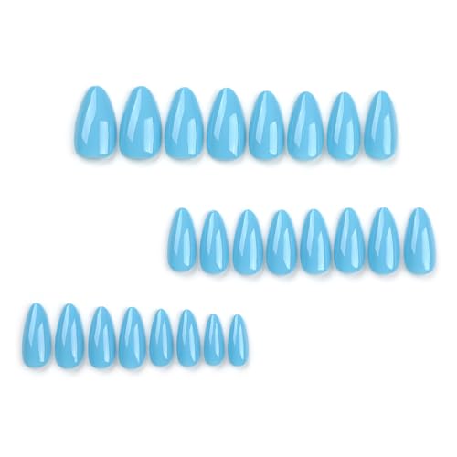24Pcs Almond Press on Nails Short Fake Nails Light Blue False Nails with Designs Full Cover Glossy Acrylic Nails Reusable Stick on Nails Jelly Press on Nails for Women and Girls DIY Manicure - Image 3