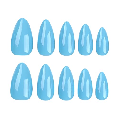 24Pcs Almond Press on Nails Short Fake Nails Light Blue False Nails with Designs Full Cover Glossy Acrylic Nails Reusable Stick on Nails Jelly Press on Nails for Women and Girls DIY Manicure - Image 2