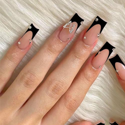 24PCS Black French Tip Press on Nails Long Square Fake Nails Glossy Glue on Nails Pearl Rhinestone Acrylic Nails with Butterfly Charm False Nails Artificial Nails Stick on False Nails for Women Girls