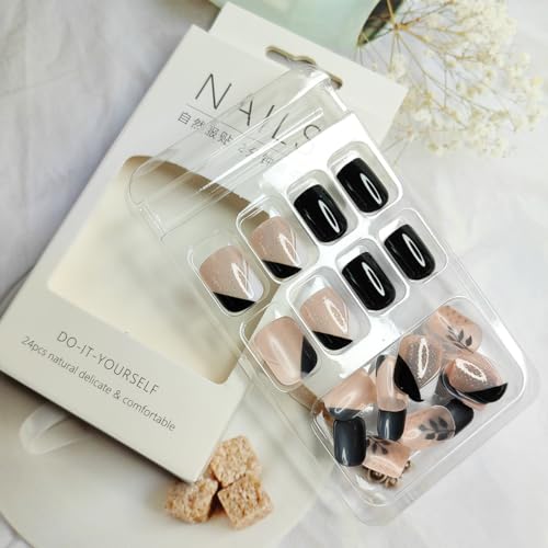 24Pcs Black Short Press on Nails Square Fake Nails Black Leaves Silver Glitter Design Glue on Nails French Color Matching Full Cover False Nails Glossy Coffin Artificial Stick on Nails for Women Girls - Image 2