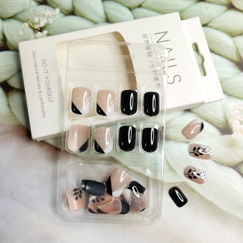 24Pcs Black Short Press on Nails Square Fake Nails Black Leaves Silver Glitter Design Glue on Nails French Color Matching Full Cover False Nails Glossy Coffin Artificial Stick on Nails for Women Girls - Image 4