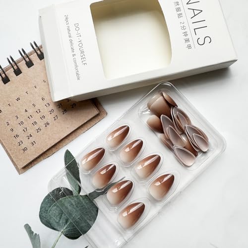 24 Piece Short Almond Brown Gradient Acrylic Press On Nails Full Cover Glossy Stick On Manicure - Image 5