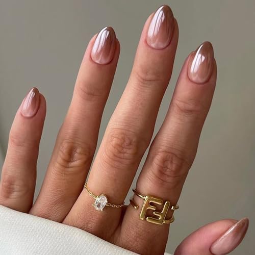 24 Piece Short Almond Brown Gradient Acrylic Press On Nails Full Cover Glossy Stick On Manicure