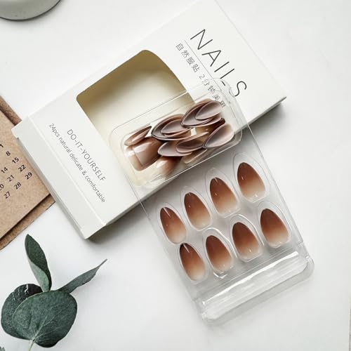 24 Piece Short Almond Brown Gradient Acrylic Press On Nails Full Cover Glossy Stick On Manicure - Image 4